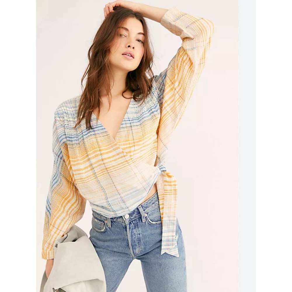 We The Free People Maldives Orange Blue Plaid Wrap Crop Top Blouse XS OB958614